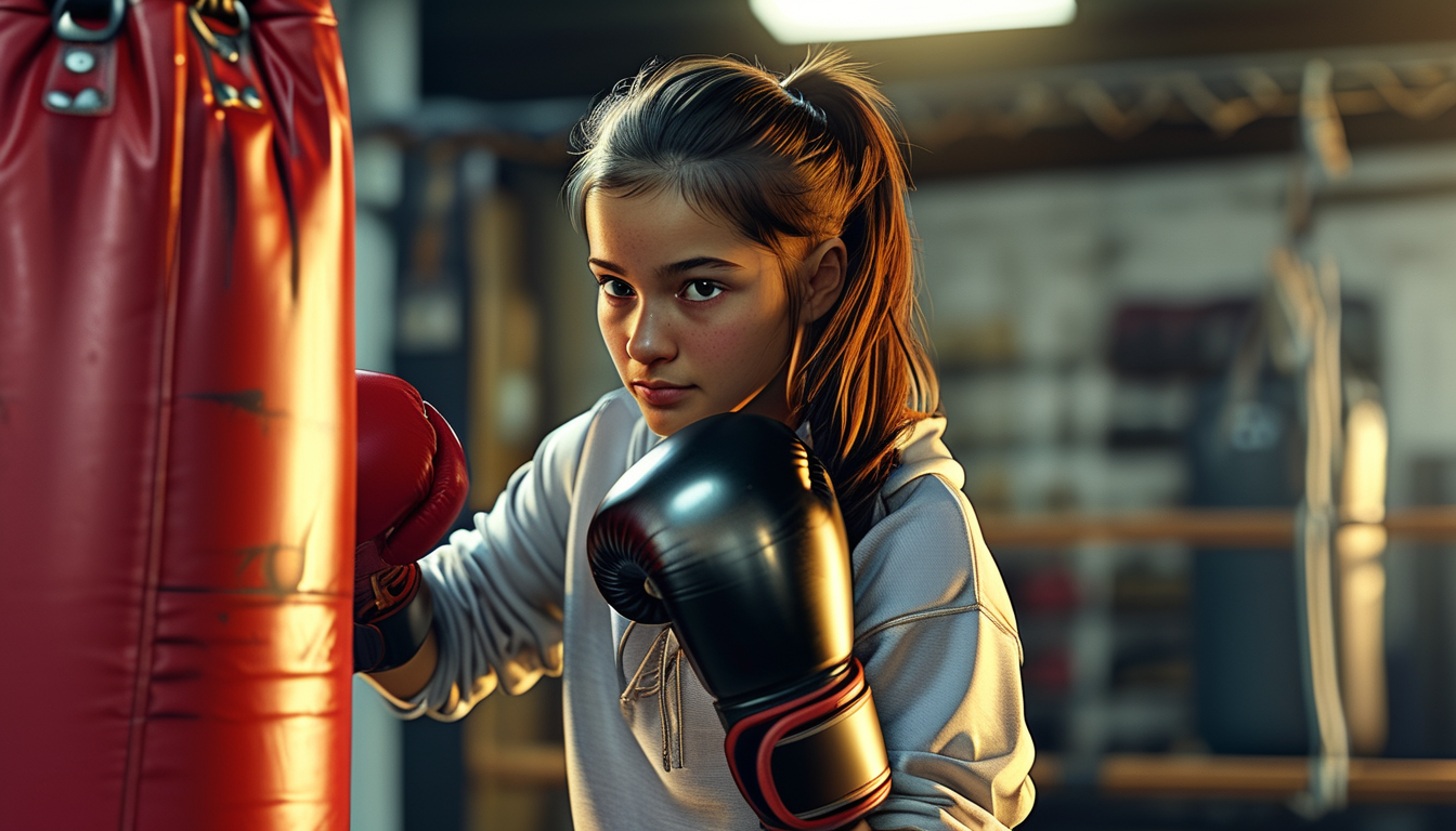 Woman boxing with gloves at a heavy bag